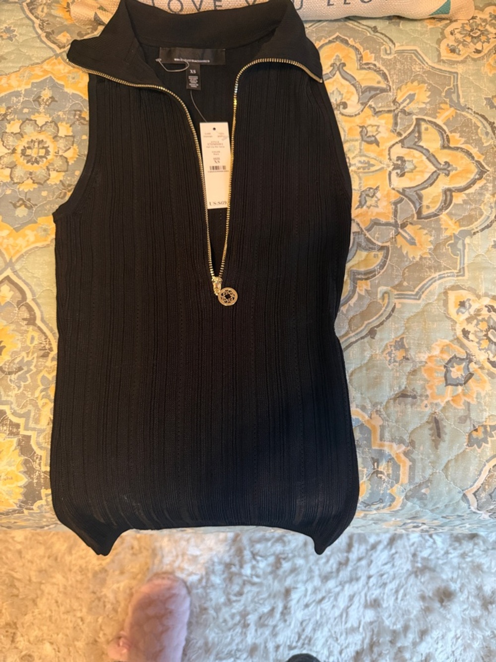 White House Black Market Black Ribbed Sleeveless Zip-Front Tank